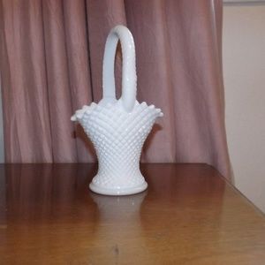 Milk glass basket hobnail vase (#EV805)